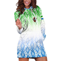 Sierra Leone Hoodie Dress with Tribal Chimpanzee Design and Green Blue Gradient Pattern