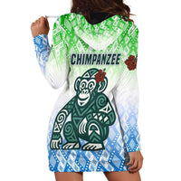 Sierra Leone Hoodie Dress with Tribal Chimpanzee Design and Green Blue Gradient Pattern