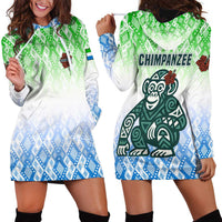 Sierra Leone Hoodie Dress with Tribal Chimpanzee Design and Green Blue Gradient Pattern