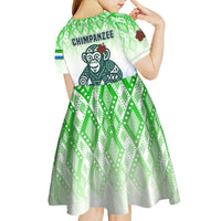 Sierra Leone Kid Short Sleeve Dress with Tribal Chimpanzee Design and Green Blue Gradient Pattern