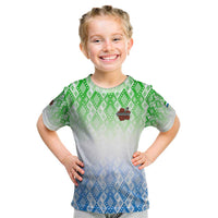 Sierra Leone Kid T Shirt with Tribal Chimpanzee Design and Green Blue Gradient Pattern