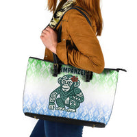 Sierra Leone Leather Tote Bag with Tribal Chimpanzee Design and Green Blue Gradient Pattern