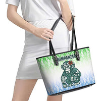 Sierra Leone Leather Tote Bag with Tribal Chimpanzee Design and Green Blue Gradient Pattern