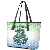Sierra Leone Leather Tote Bag with Tribal Chimpanzee Design and Green Blue Gradient Pattern