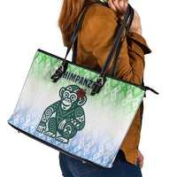 Sierra Leone Leather Tote Bag with Tribal Chimpanzee Design and Green Blue Gradient Pattern