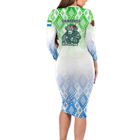 Sierra Leone Long Sleeve Bodycon Dress with Tribal Chimpanzee Design and Green Blue Gradient Pattern