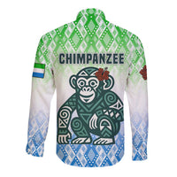 Sierra Leone Long Sleeve Button Shirt with Tribal Chimpanzee Design and Green Blue Gradient Pattern