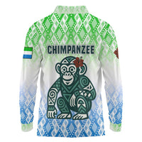 Sierra Leone Long Sleeve Polo Shirt with Tribal Chimpanzee Design and Green Blue Gradient Pattern