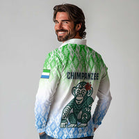 Sierra Leone Long Sleeve Polo Shirt with Tribal Chimpanzee Design and Green Blue Gradient Pattern