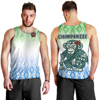Sierra Leone Men Tank Top with Tribal Chimpanzee Design and Green Blue Gradient Pattern