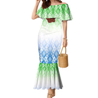 Sierra Leone Mermaid Dress with Tribal Chimpanzee Design and Green Blue Gradient Pattern