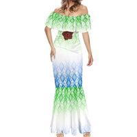 Sierra Leone Mermaid Dress with Tribal Chimpanzee Design and Green Blue Gradient Pattern