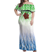 Sierra Leone Off Shoulder Maxi Dress with Tribal Chimpanzee Design and Green Blue Gradient Pattern