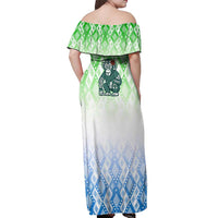 Sierra Leone Off Shoulder Maxi Dress with Tribal Chimpanzee Design and Green Blue Gradient Pattern