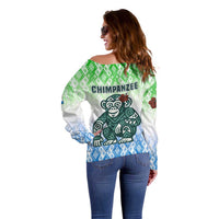 Sierra Leone Off Shoulder Sweater with Tribal Chimpanzee Design and Green Blue Gradient Pattern