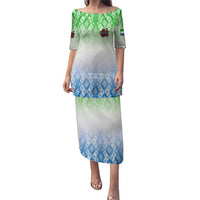 Sierra Leone Puletasi with Tribal Chimpanzee Design and Green Blue Gradient Pattern