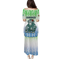 Sierra Leone Puletasi with Tribal Chimpanzee Design and Green Blue Gradient Pattern