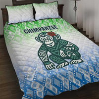 Sierra Leone Quilt Bed Set with Tribal Chimpanzee Design and Green Blue Gradient Pattern