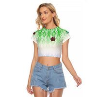 Sierra Leone Raglan Cropped T Shirt with Tribal Chimpanzee Design and Green Blue Gradient Pattern