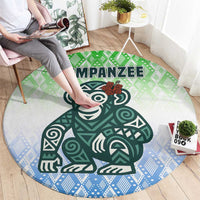 Sierra Leone Round Carpet with Tribal Chimpanzee Design and Green Blue Gradient Pattern