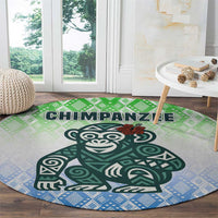 Sierra Leone Round Carpet with Tribal Chimpanzee Design and Green Blue Gradient Pattern