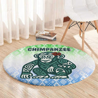 Sierra Leone Round Carpet with Tribal Chimpanzee Design and Green Blue Gradient Pattern