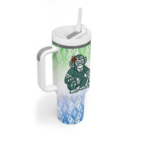 Sierra Leone Tumbler With Handle with Tribal Chimpanzee Design and Green Blue Gradient Pattern