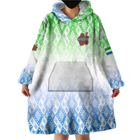 Sierra Leone Wearable Blanket Hoodie with Tribal Chimpanzee Design and Green Blue Gradient Pattern