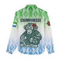 Sierra Leone Women Casual Shirt with Tribal Chimpanzee Design and Green Blue Gradient Pattern
