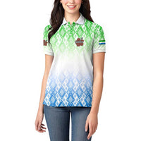 Sierra Leone Women Polo Shirt with Tribal Chimpanzee Design and Green Blue Gradient Pattern