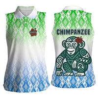 Sierra Leone Women Sleeveless Polo Shirt with Tribal Chimpanzee Design and Green Blue Gradient Pattern