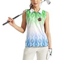 Sierra Leone Women Sleeveless Polo Shirt with Tribal Chimpanzee Design and Green Blue Gradient Pattern