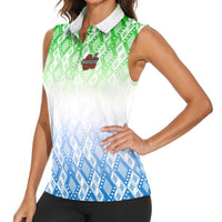 Sierra Leone Women Sleeveless Polo Shirt with Tribal Chimpanzee Design and Green Blue Gradient Pattern