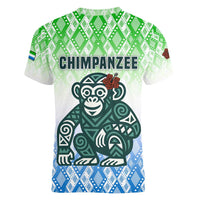 Sierra Leone Women V-Neck T-Shirt with Tribal Chimpanzee Design and Green Blue Gradient Pattern