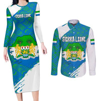 Sierra Leone Crest Couples Matching Long Sleeve Bodycon Dress and Long Sleeve Button Shirt with National Coat of Arms and Flag Colors