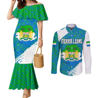 Sierra Leone Crest Couples Matching Mermaid Dress and Long Sleeve Button Shirt with National Coat of Arms and Flag Colors