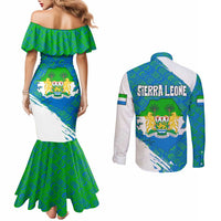 Sierra Leone Crest Couples Matching Mermaid Dress and Long Sleeve Button Shirt with National Coat of Arms and Flag Colors