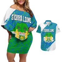 Sierra Leone Crest Couples Matching Off Shoulder Short Dress and Hawaiian Shirt with National Coat of Arms and Flag Colors
