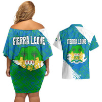 Sierra Leone Crest Couples Matching Off Shoulder Short Dress and Hawaiian Shirt with National Coat of Arms and Flag Colors