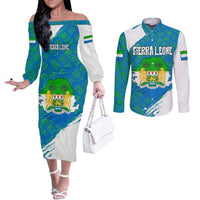 Sierra Leone Crest Couples Matching Off The Shoulder Long Sleeve Dress and Long Sleeve Button Shirt with National Coat of Arms and Flag Colors