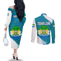 Sierra Leone Crest Couples Matching Off The Shoulder Long Sleeve Dress and Long Sleeve Button Shirt with National Coat of Arms and Flag Colors