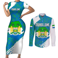 Sierra Leone Crest Couples Matching Short Sleeve Bodycon Dress and Long Sleeve Button Shirt with National Coat of Arms and Flag Colors