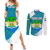 Sierra Leone Crest Couples Matching Summer Maxi Dress and Long Sleeve Button Shirt with National Coat of Arms and Flag Colors