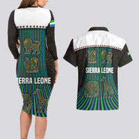 Sierra Leone Couples Matching Long Sleeve Bodycon Dress and Hawaiian Shirt with Tribal Animal Pattern Featuring Lion Elephant Giraffe and Monkey