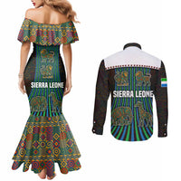 Sierra Leone Couples Matching Mermaid Dress and Long Sleeve Button Shirt with Tribal Animal Pattern Featuring Lion Elephant Giraffe and Monkey