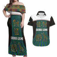 Sierra Leone Couples Matching Off Shoulder Maxi Dress and Hawaiian Shirt with Tribal Animal Pattern Featuring Lion Elephant Giraffe and Monkey