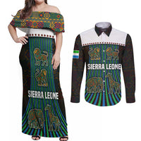 Sierra Leone Couples Matching Off Shoulder Maxi Dress and Long Sleeve Button Shirt with Tribal Animal Pattern Featuring Lion Elephant Giraffe and Monkey