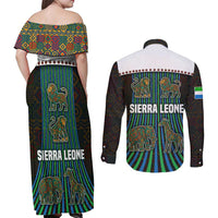 Sierra Leone Couples Matching Off Shoulder Maxi Dress and Long Sleeve Button Shirt with Tribal Animal Pattern Featuring Lion Elephant Giraffe and Monkey