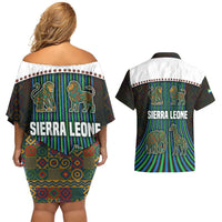 Sierra Leone Couples Matching Off Shoulder Short Dress and Hawaiian Shirt with Tribal Animal Pattern Featuring Lion Elephant Giraffe and Monkey