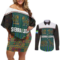 Sierra Leone Couples Matching Off Shoulder Short Dress and Long Sleeve Button Shirt with Tribal Animal Pattern Featuring Lion Elephant Giraffe and Monkey